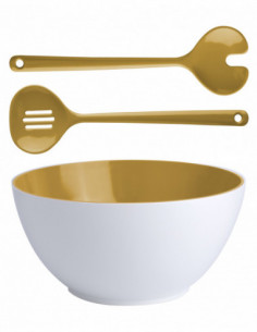 ensaladera y cubiertos mostaza