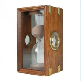 Reloj de arena náutico en vitrina de cristal y madera con latón