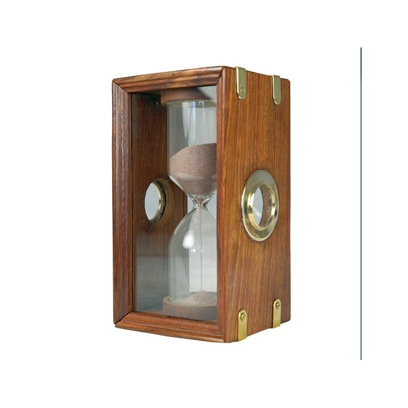 Reloj de arena náutico en vitrina de cristal y madera con latón