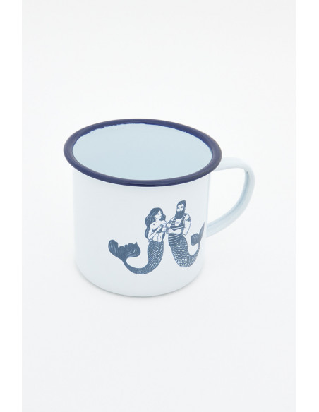  Mug blanco y azul de metal 