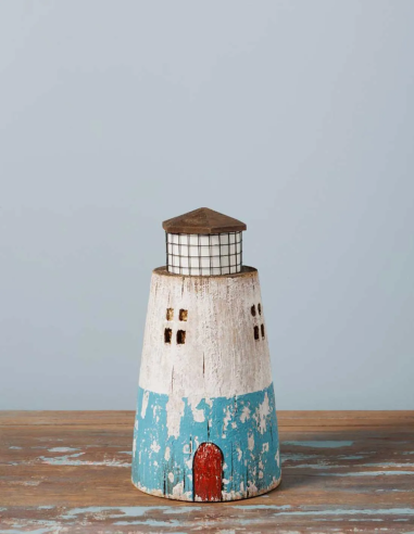 Faro marinero de madera envejecida azul claro 27 cm · Talla M