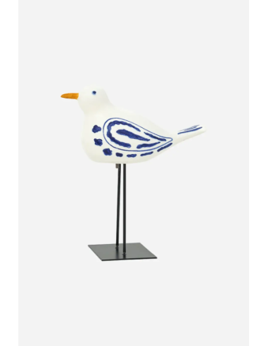 Pájaro pequeño en cerámica blanco y azul con soporte 