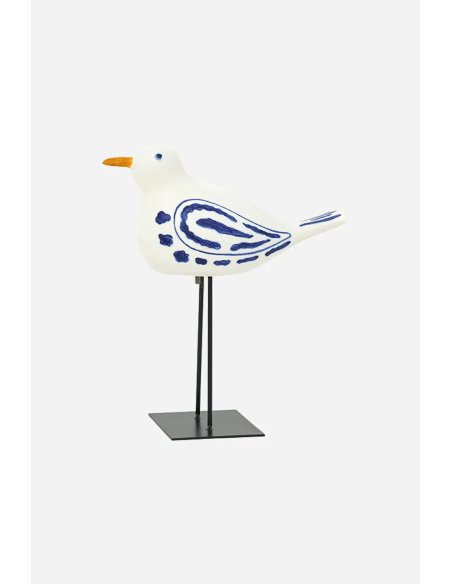 Pájaro pequeño en cerámica blanco y azul con soporte 