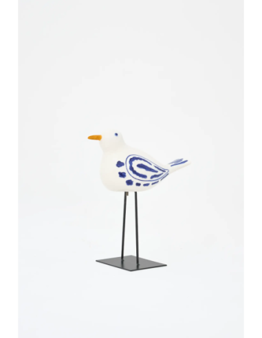  Pájaro pequeño en cerámica blanco y azul con soporte 