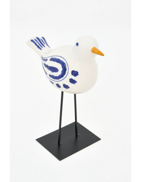  Pájaro pequeño en cerámica blanco y azul con soporte 