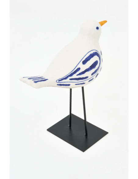  Pájaro pequeño en cerámica blanco y azul con soporte 