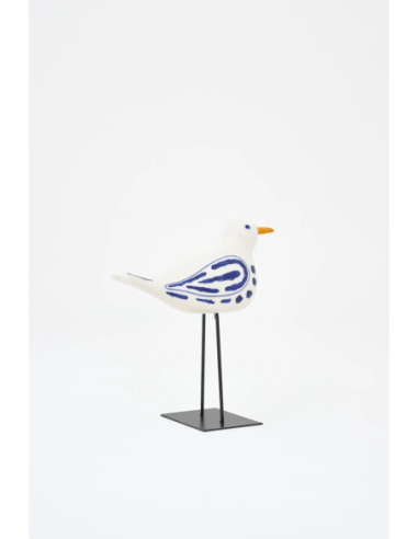  Pájaro pequeño en cerámica blanco y azul con soporte 