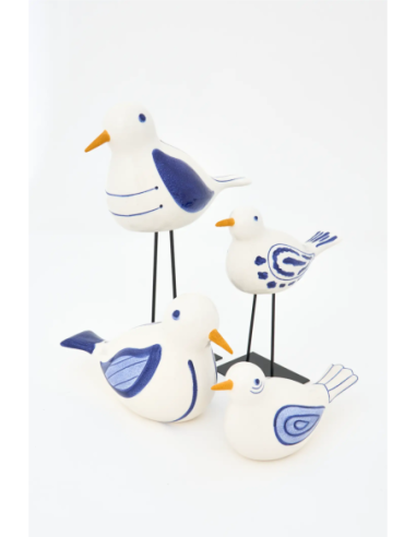  Pájaro pequeño en cerámica blanco y azul con soporte