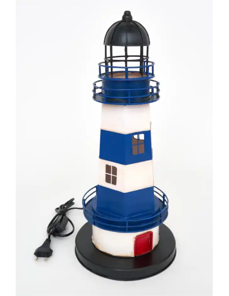 Faro decorativo azul y blanco con puerta roja - Eléctrico