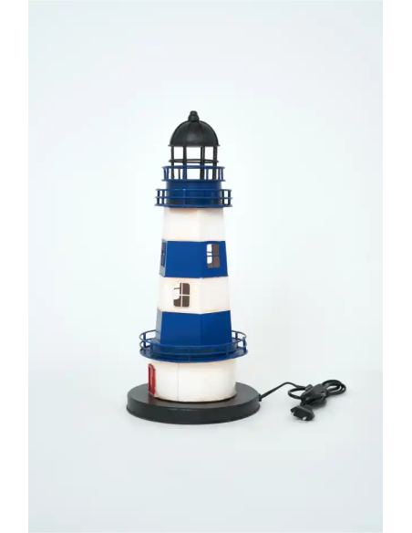 Faro decorativo azul y blanco con puerta roja - Eléctrico