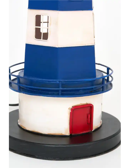 Faro decorativo azul y blanco con puerta roja - Eléctrico