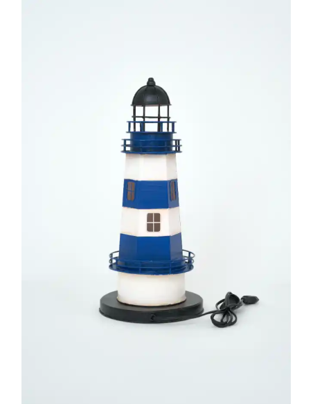 Faro decorativo azul y blanco con puerta roja - Eléctrico