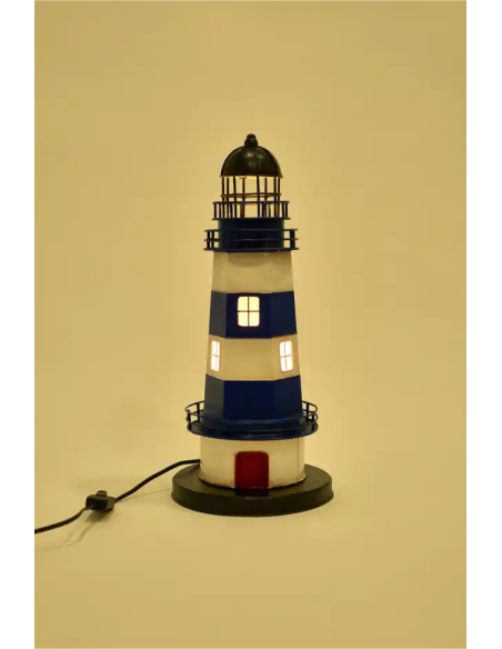 Faro decorativo azul y blanco con puerta roja - Eléctrico
