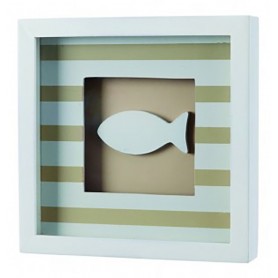 Cuadro marinero con pez blanco y rayas para decoración marinera.