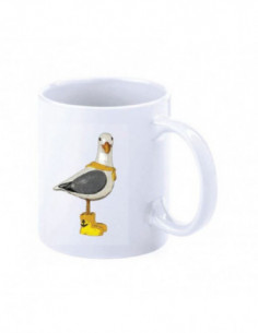 Taza marinera decorada con una gaviota con pañuelo y botas en amarillo